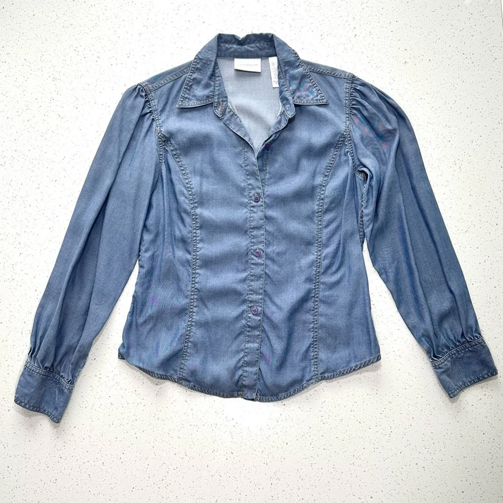 Liz Claiborne Button Down Denim Chambray Long-Sleeve Shirt - Picture 3 of 6